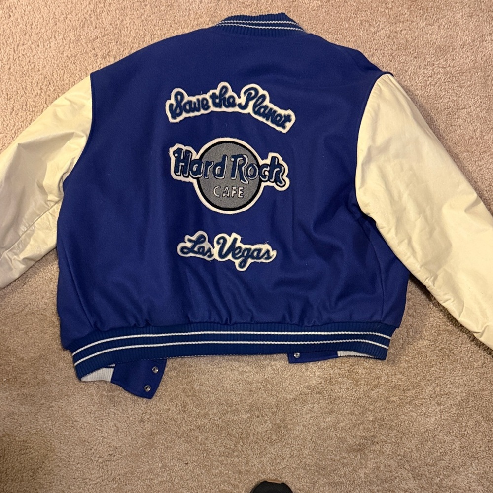 Hard Rock Cafe Blue and White Varsity Jacket - 1990s “SAVE THE PLANET” Las Vegas